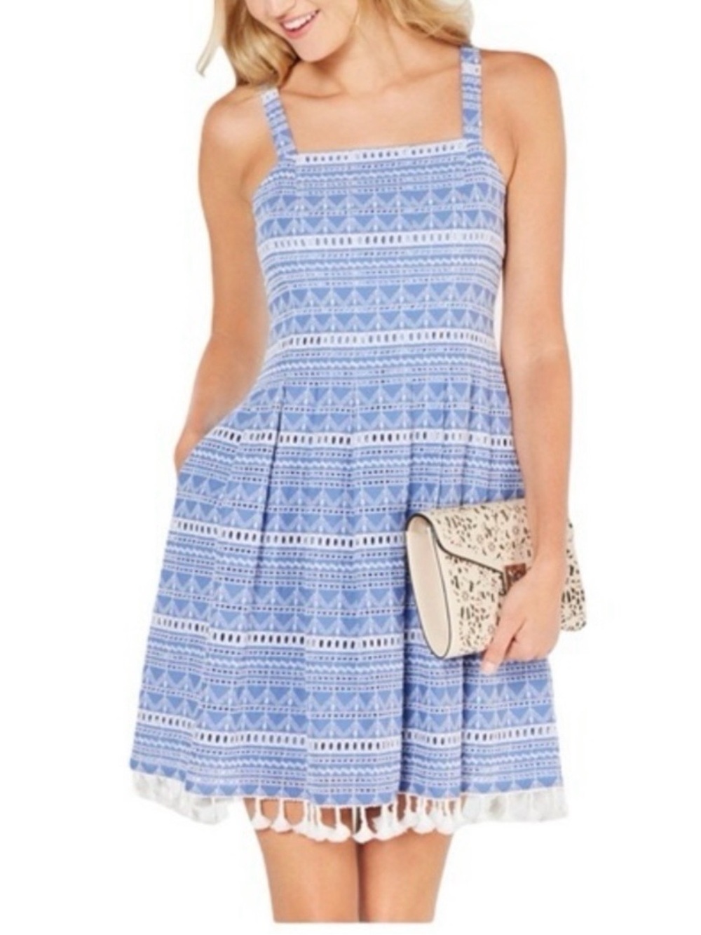 Vince Camuto Sleeveless Eyelet Fit & Flare Dress Wedding Guest BlueWhite Size 14